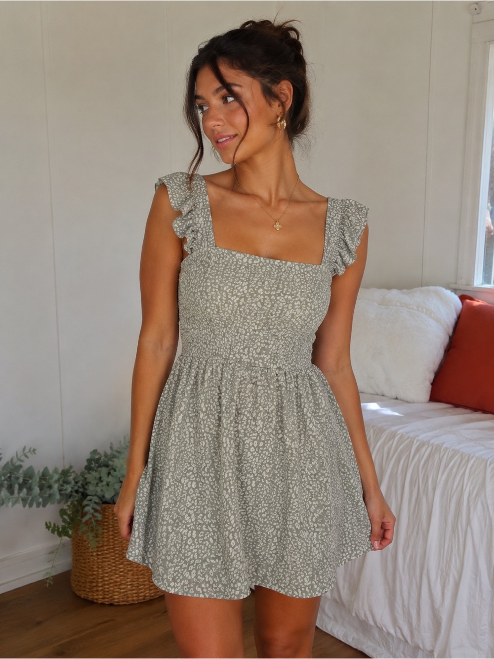 Sage Floral Smocked Mini Dress with Ruffle Straps